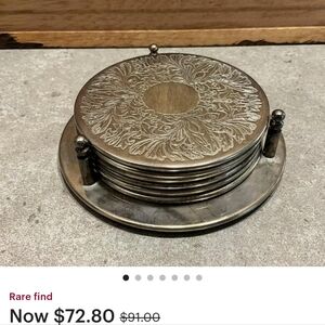 Vintage Silver Plated, Etched Coaster Set, 5 Coasters And Stand